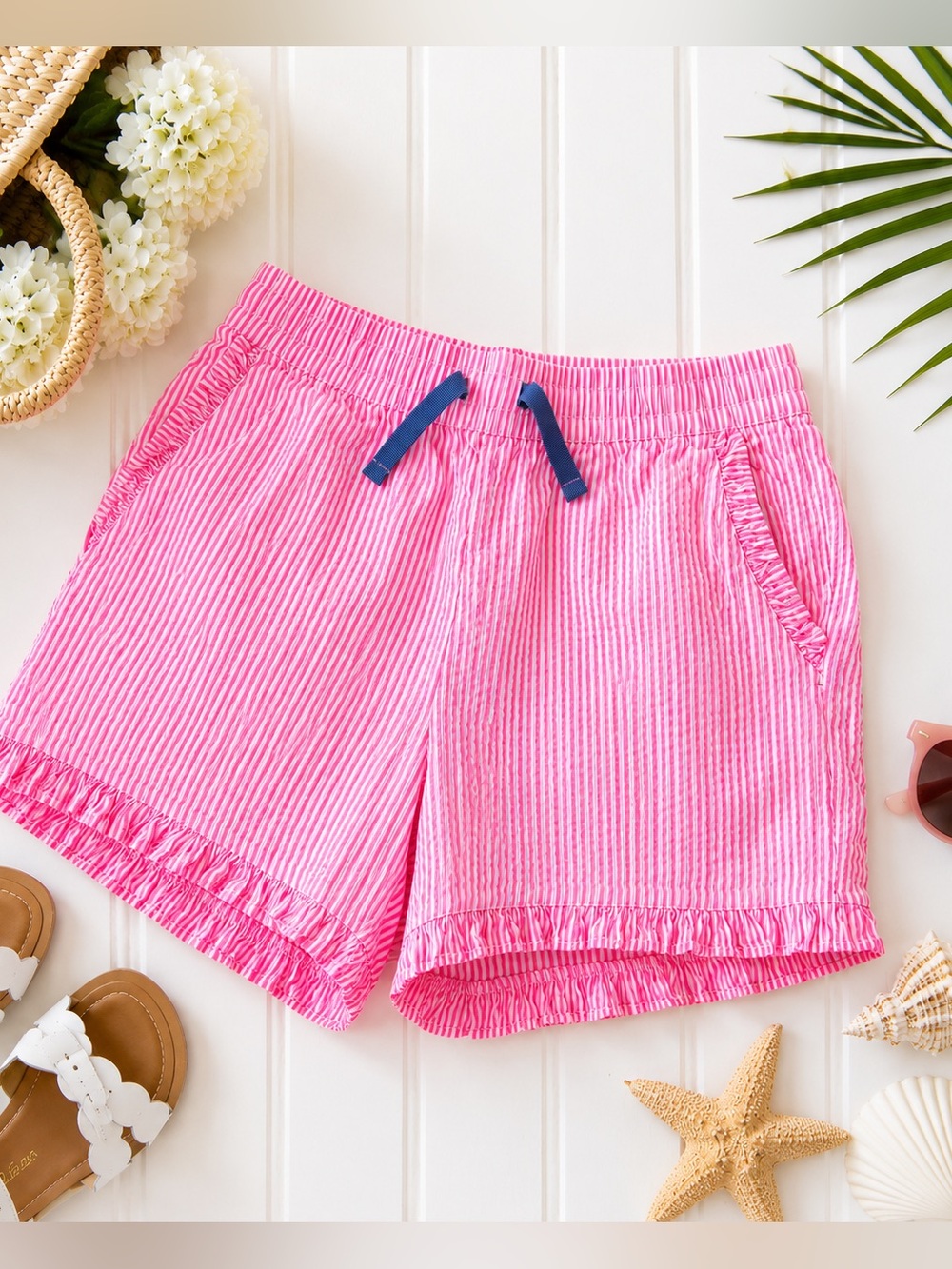 Boden Girls Pink Seersucker Ruffle Hem Shorts